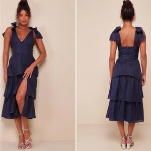 Lulu's Blissful Direction Navy Tiered Midi Dress